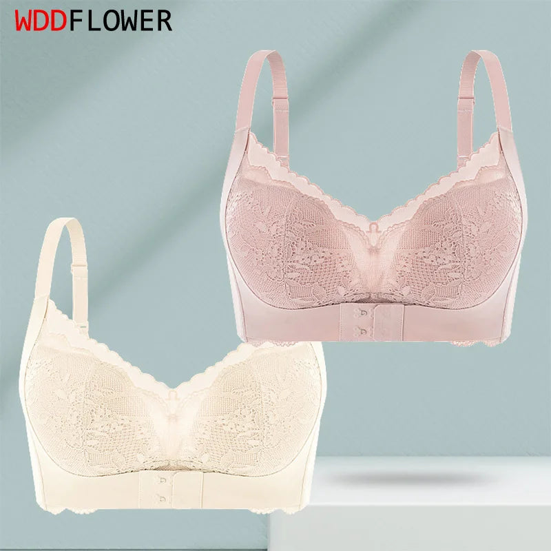 Women Silk Bra Mulberry Silk Lining Full Lace Front Closure Concentrated Push Up Padded Bra Wire Free Wireless L XL XXL TG232